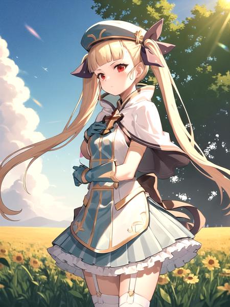 masterpiece, best quality, 1girl, solo, dsachates, blonde hair, very long hair, twintails, blunt bangs, red eyes, hair ribbon, hat, skirt, gloves, white thighighs, garter straps, capelet, standing, outdoors, field, lens flare, cowboy shot
<lyco:dsachates_lc_768:0.9>