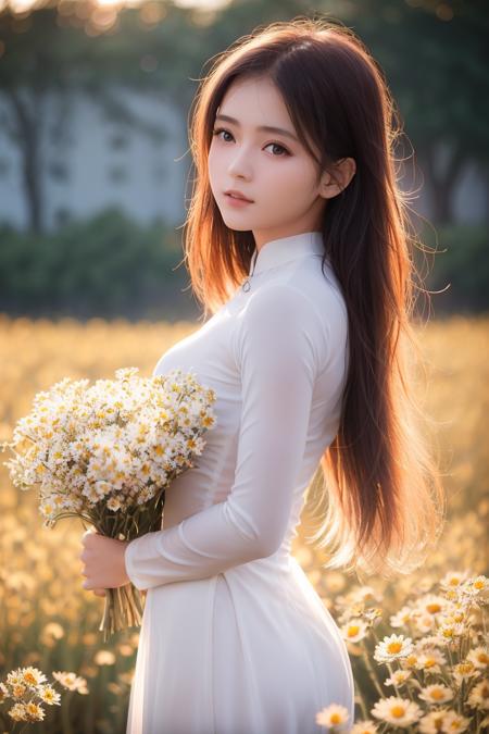 a beautiful girl in white aodai , masterpiece, best quality, realistic:1.3,in a field of flowers, holding bundle of flowers, sunlight, backlighting