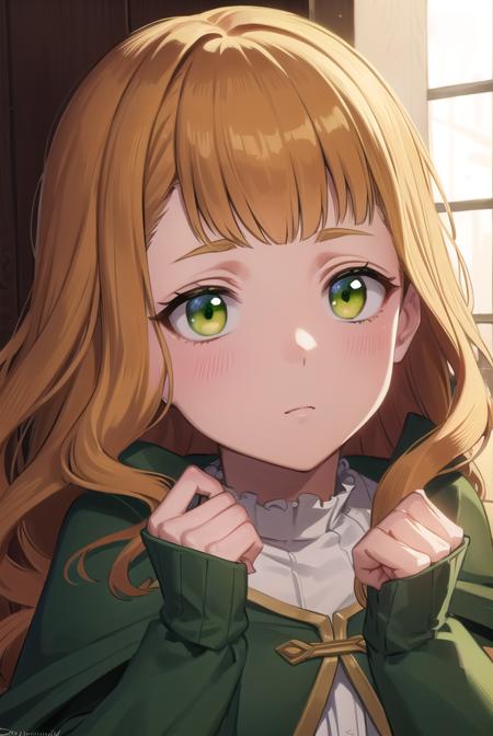 mimosa vermillion, brown hair, (green eyes:1.5), blunt bangs, bangs, medium hair, wavy hair, dress, capelet, long sleeves,