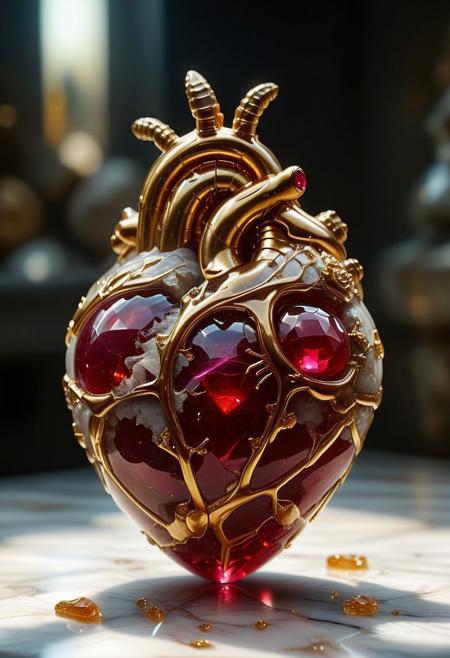 improved cinematic photo, 35mm photograph, film, professional, 4k, highly detailed,
A ruby fragment enclosing a Human Heart,
The ruby fragment is a smooth, slightly irregular sphere, roughly the size of a marble, with a warm golden red hue. Its surface is polished, gleaming softly under light, revealing a mesmerizing play of scarlet and gold, honey, and orange tones. Tiny air bubbles and organic inclusions are scattered throughout, lending it a sense of antiquity and natural complexity.
Inside, a perfectly preserved Human Heart lies suspended in time, its delicate body encased in the translucent ruby.
Around the Human Heart, subtle striations and minute organic fragments, possibly plant material or dust, create a vignette that frames the insect. The ruby's clarity varies in places, with some sections slightly cloudy, further accentuating the Human Heart as the focal point. The fragment feels timeless, a tiny time capsule offering a glimpse into a prehistoric world millions of years ago