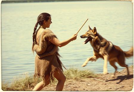 Vintage Polaroid, best quality, motion blur, very realistic light and shadow 20yo paleolithic woman with braided hair,throwing a stick for dog,  wolf-like dog running after stick, on lakeshore, clothed in deerskin tunic that cover shoulders, realistic skin textures