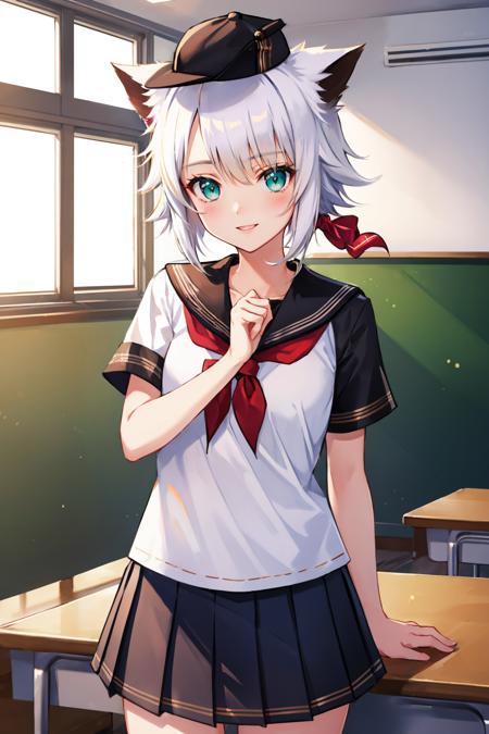 masterpiece, best quality,  <lora:yswhitecat-nvwls-v1-000008:0.9> ysWhiteCat, hat, cat ears, serafuku, pleated skirt, white shirt, short sleeves, school, classroom, cowboy shot, smile, green eyes