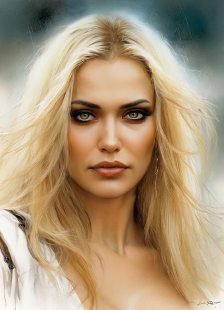 abstract style highly detailed face,hazard eyes,by Luis Royo . non-representational, colors and shapes, expression of feelings, imaginative, highly detailed, woman 35yo,hazard eyes,blonde long hair,by Luis Royo