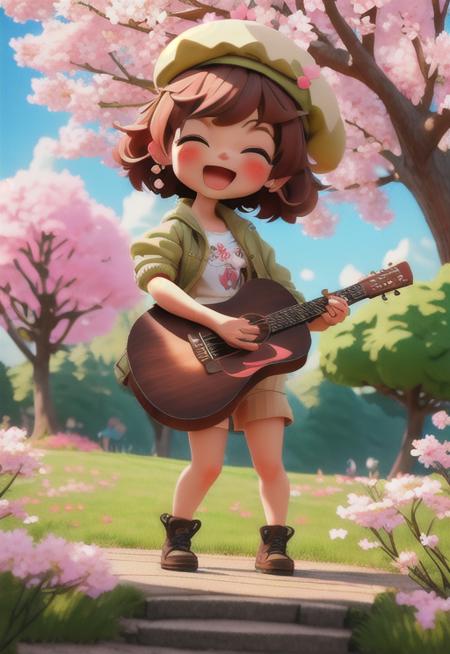 <niji-se-3d>, (masterpiece),(best quality),(ultra-detailed), (full body:1.2), 1girl,chibi,cute, smile, open mouth, flower, outdoors, playing guitar, music, beret, holding guitar, jacket, blush, tree, :3, shirt, short hair, cherry blossoms, green headwear, blurry, brown hair