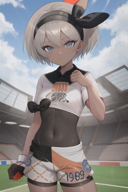 masterpiece, best quality, highres,  <lora:BeaPokemon:1>, 1girl, solo, shorts, bodysuit under clothes, hairband, bodysuit, short sleeves, single glove, shirt, black hairband, print shirt, black bodysuit, collared shirt, looking at viewer,  closed mouth, bow hairband, outdoors, Soccer Field,