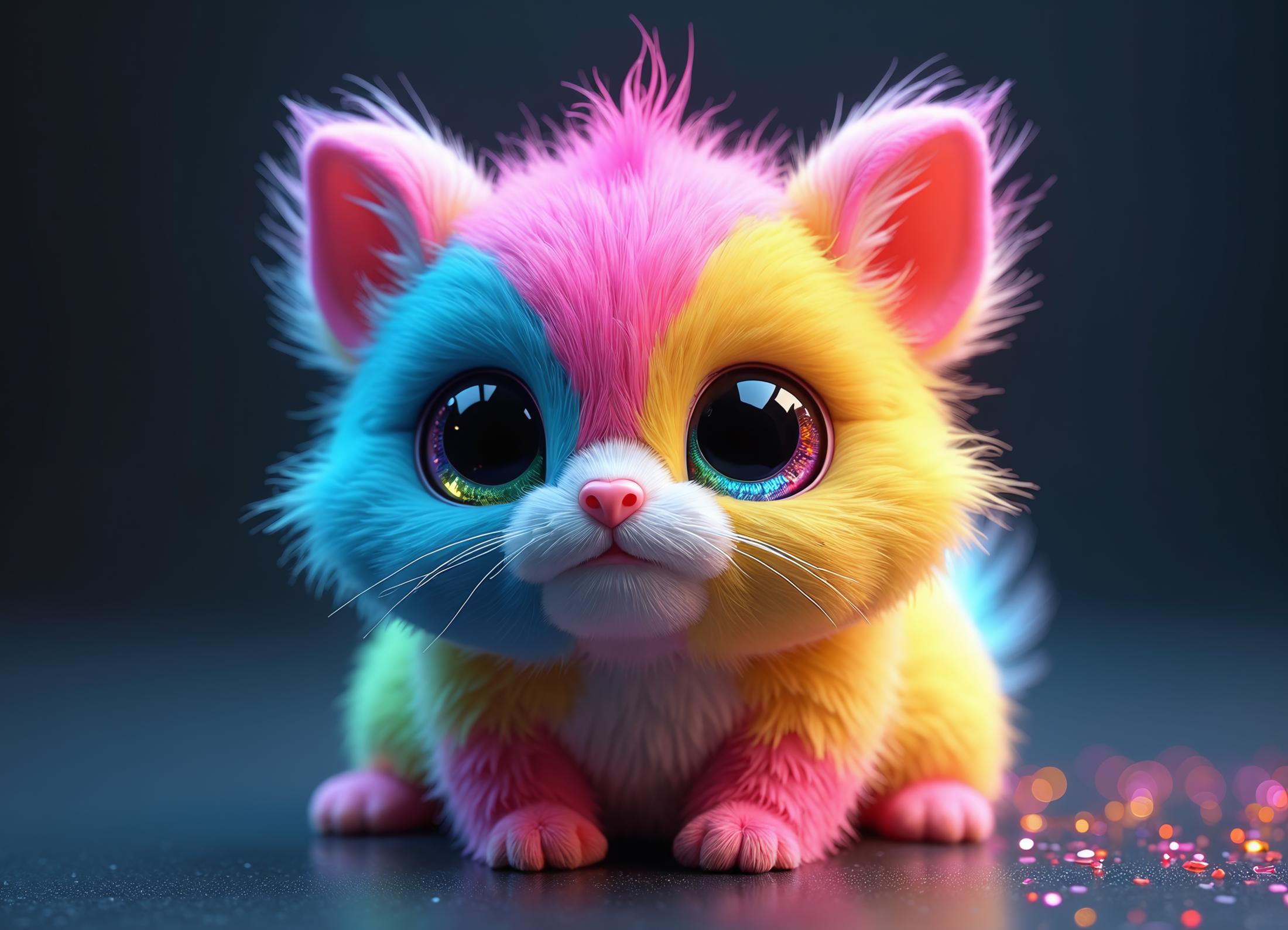 Adorable rainbow creature, hyper-detailed fur texture. Vibrant, prismatic colors blending seamlessly from neon pink to electric blue, vivid yellow to lime green. Ultra-soft, fluffy fur with individual strands visible, creating a halo effect. Enormous, captivating eyes with multi-colored irises and glossy, liquid-like surface. Tiny, heart-shaped nose in hot pink. Plush, squeezable body with stubby paws. Fur transitions from longer, spiky tufts on top to shorter, velvety coat on face and body. Iridescent sheen across the fur, suggesting a magical quality. Dark background with subtle, colored reflections. Photorealistic rendering with focus on intricate fur details and color gradients. Whimsical, fantasy-inspired character with the texture and depth of a high-end CGI creation.