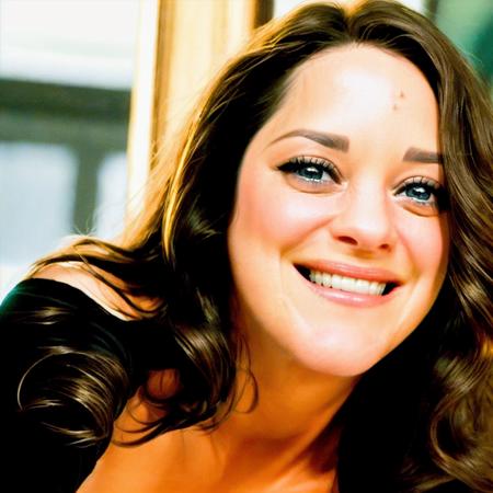 a professional full body photograph of marion_cotillard,  <lora:marion_01_768_343samples:1>,long brunette hair, black t-shirt, (smiling:1), open smile