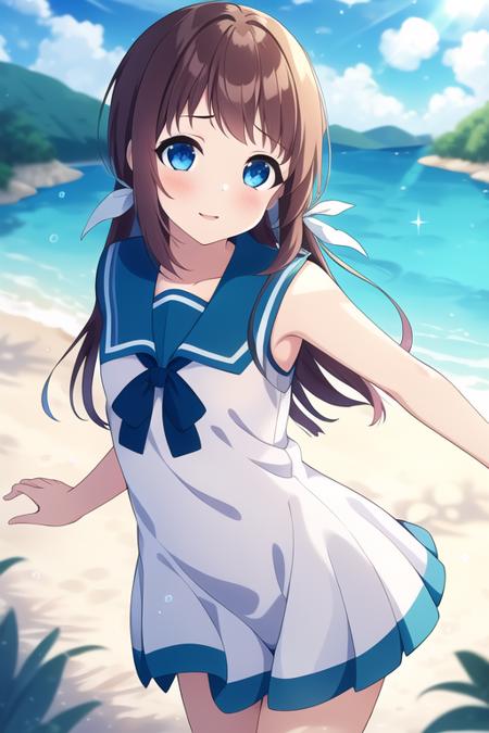 masterpiece, best quality,1girl,solo,loli,mukaido manaka,ruby hair,long hair,blue eyes,white sailor dress,blue sailor collar,blue neck ribbon,hair ribbon,<lora:mukaidomanaka:0.6> ,cowboy shot, sunny,milky way, blurry background, natural light,lens flare,scenery, silent lake, flower effects, lighting effects,