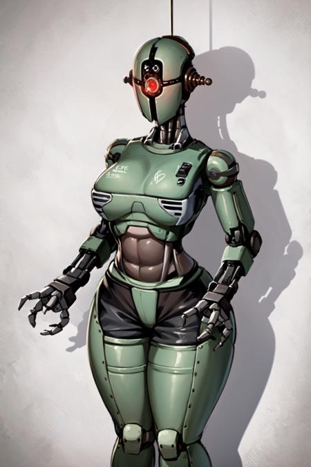 1girl, solo, standing, breasts, looking at viewer, robot, humanoid robot, robot joints, one-eyed, joints, no humans, green skin, wide hips, curvy