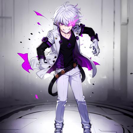 ((masterpiece, best quality)),(complex light),1boy, solo , Edward Grenore ,  <lora:TheGooder_Add_elsword2-1:0.7>,fighting stance, 1boy, male focus, solo, white gloves, purple eyes, white hair, jacket, shirt, white pants, smile, grin, belt, full body, hand in pocket, white gloves, black shirt, white jacket  , purple eye-trail,<lora:flamingEyeConcept_flamingEye:0.8>