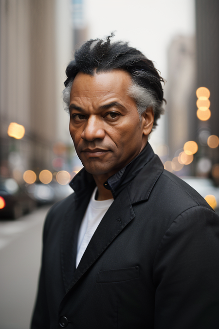 FrederickDouglass, photography by (Rodney Smith:1.3), ((upper body focus, shoulders)), modelshoot, pose, (business suit, black jacket, white shirt, open collar, facing viewer, busy Manhattan sidewalk, looking at viewer, blurry background, bokeh, ID photo:1.3), serious look