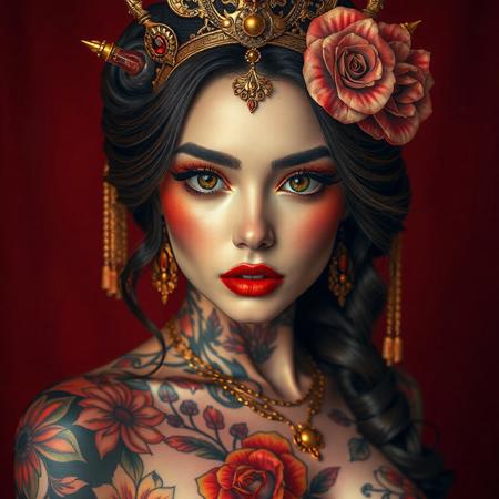 A beautiful woman full body in red and gold, in the style of tattoo — inspired, kawaii aesthetic, kelly sue deconnick, light pink and dark amber, distinctive noses, tanya shatseva, uhd image