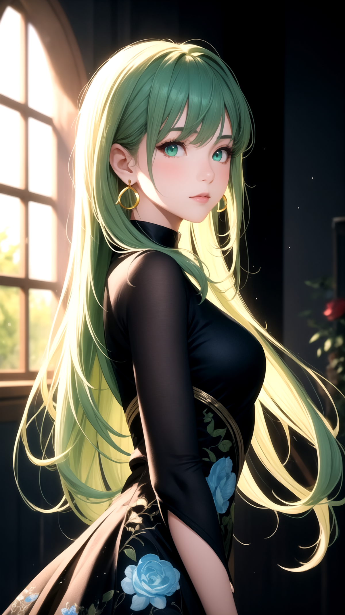 A beautifully drawn anime girl in a black shirt with yellow earrings.