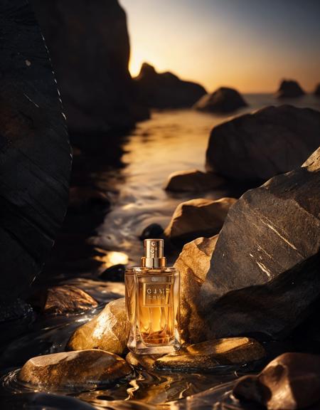 anse,Men's perfume, rocks, water, bright light,octane render, unreal engine, film grain, bokeh, blur foreground, blur background,gradient background,blur