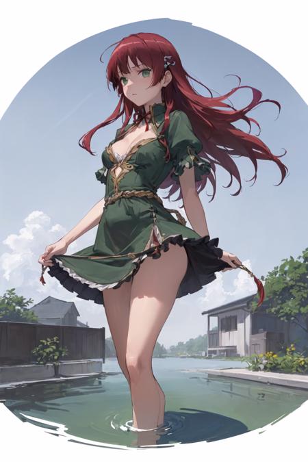 ((masterpiece, best quality, masterpiece)), ((ultra-detailed)), ((high resolution illustration)), ((an extremely delicate and beautiful)) ((1girl)), ((urushibara_shizuno, 1girl, green eyes, blunt bangs, red hair, long hair, hair ornament, medium breasts, skinny, narrow waist, wind, floating hair)),  ray_tracing, (((beautiful detailed pond, partially submerged, cloudy sky, outdoors))), ((photorealistic)), ((cleavage, green dress)), (serious), ((from front)), (dynamic pose:1.2)  <lora:shizunourushibarav0.5:0.4>