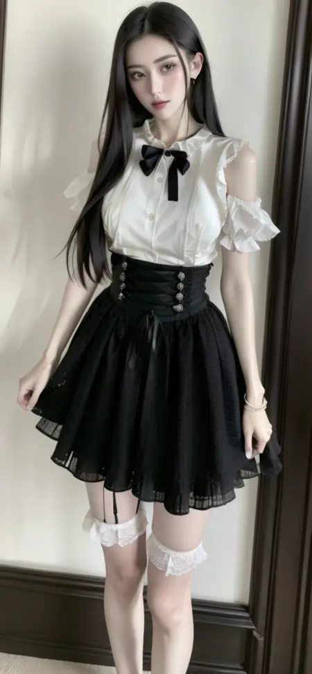 Cutout shoulder blouse black skirt