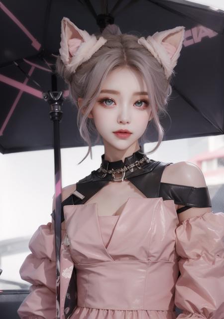 wuxian-xsg,1girl,solo,umbrella,blue eyes,looking at viewer,grey hair,hair bun,holding umbrella,holding,animal ears,pink dress,<lora:wuxian-xsg:0.9>,ulzzang-6500,pureerosface_v1,  (expressionist:1.1) dream, octane render,4k, (neon:1.1), epic, relaxing,8k, (highly detailed:1.1), half