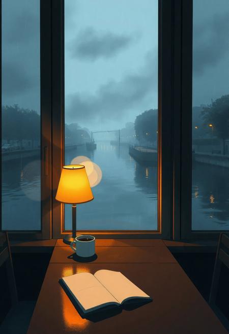 A small, empty café with large windows overlooking a calm riverside at night. Inside, only a single warm table lamp glows softly, casting reflections on the dark wooden surfaces. On one of the tables sits a half-finished cup of coffee beside an open notebook. Outside, the river flows quietly, reflecting the dim light of distant street lamps. A light mist rises from the water, and gentle rain taps against the windows. The sky is overcast, adding to the tranquil, nostalgic mood. Style: Lo-fi anime art, soft edges, warm ambient lighting, muted color palette with cool tones in the background.