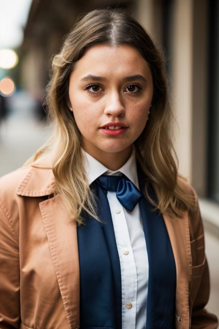 Realistic photo of a beautiful 41m33l-v1 woman,  1girl, solo, long hair, simple background, (((blonde hair))), shirt, brown eyes, school uniform, jacket, upper body, parted lips, necktie, teeth, mole, lips, eyelashes, black necktie, realistic, nose, soft lighting, professional Photography, Photorealistic, detailed, RAW, analog, sharp focus, 8k, HD, DSLR, high quality, Fujifilm XT3, film grain, award winning, masterpiece<lora:41m33l-v1:1.0>