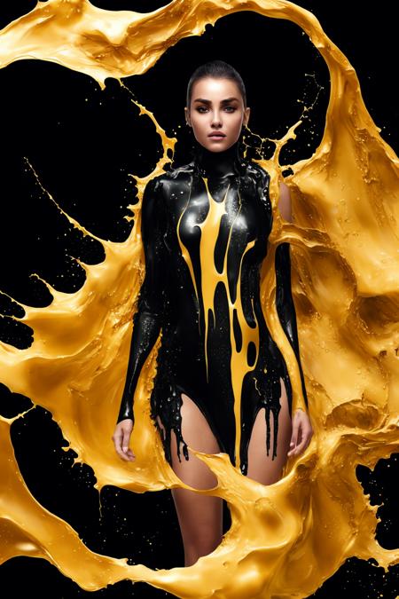 close up of a young woman wearing a black and gold liquid splash dress, pretty face, detailed eyes, soft lips, floating in outer space and planets in the background, fluid, wet, dripping, waxy, smooth, realistic, octane render