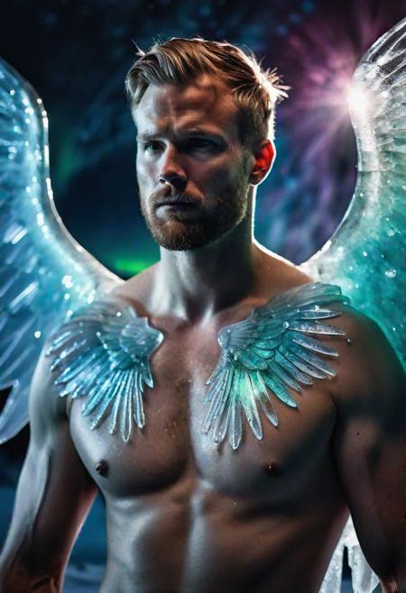 high quality, photo of 30 y.o scandinavian man, upper body, shirtless, wings of translucent ice on his back, detailed face, cinematic shot, dramatic lighting, aurora borealis
