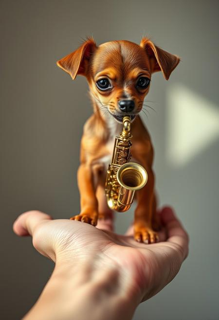 An ultra-realistic photograph of a Miniature Pinscher standing on a human hand, holding a tiny saxophone in its mouth. The Miniature Pinscher's fur is detailed with vibrant brown hues. The saxophone is gripped delicately by the Miniature Pinscher’s mouth, as it appears to be playing. The hand is textured with visible skin pores and slight wrinkles, carefully supporting the Miniature Pinscher. The background is softly blurred to draw attention to the subject, with natural, soft lighting enhancing the scene. Captured with a macro lens for high detail, shallow depth of field, high-definition quality