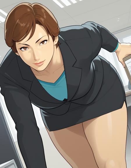 <lora:mitsuko-minami-manga-ponyxl-lora-nochekaiser:1>, mitsuko minami, large breasts, short hair, lips, skirt, brown hair, cleavage, brown eyes, pantyhose, uniform, lips, black skirt, uniform, blue uniform, breast pocket, simple epaulettes, cleavage, skirt, brown hair, brown eyes, jacket, thighs, miniskirt, formal, suit, office lady, skirt suit, black suit, black skirt, giantess, cleavage, yellow eyes, colored skin, grey skin, yellow sclera, jewelry, earrings, glowing eyes, tokusatsu, facial mark, no pupils, bodypaint, nude, bracer,  red bracer, tattoo,