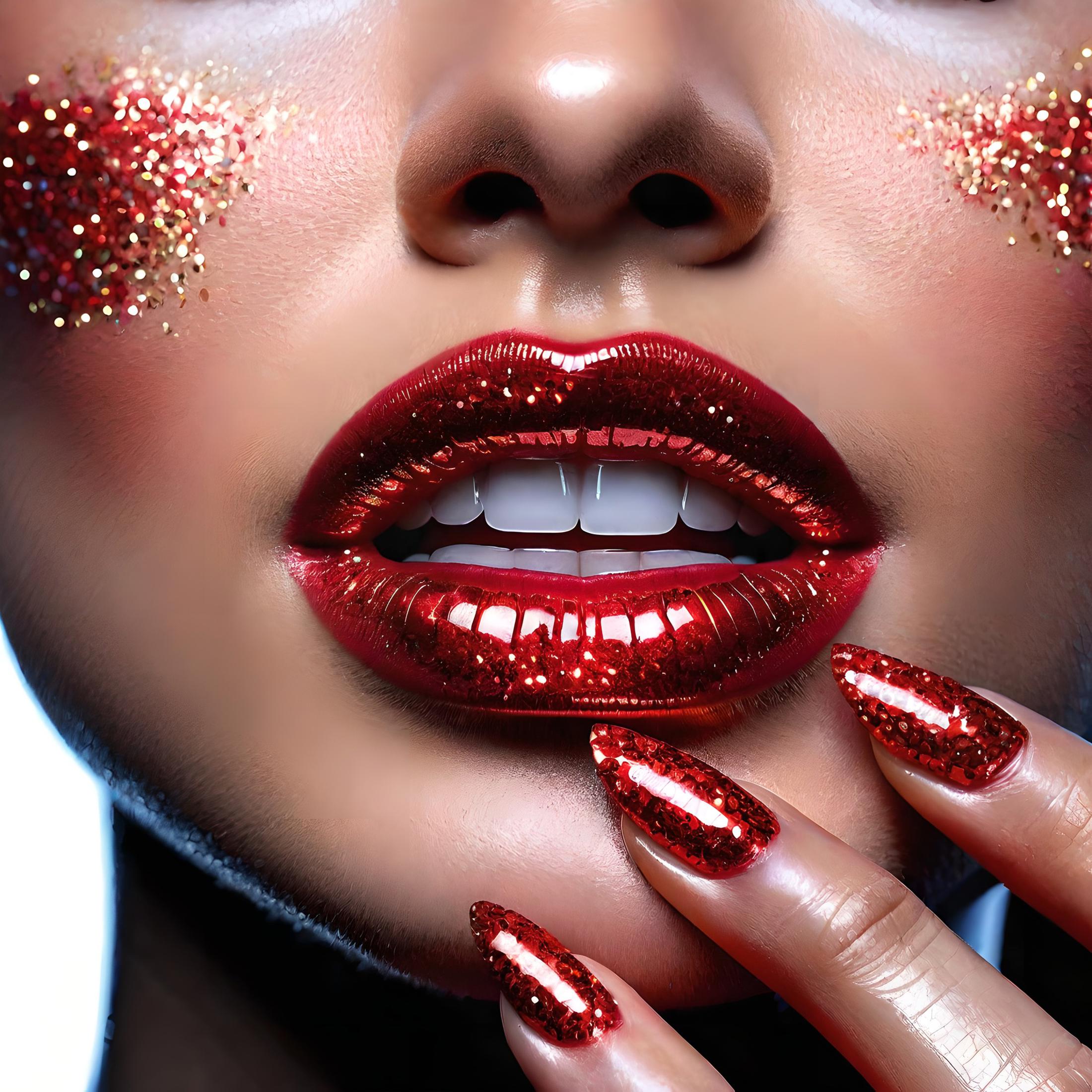 A woman with red lipstick and red glitter on her face.