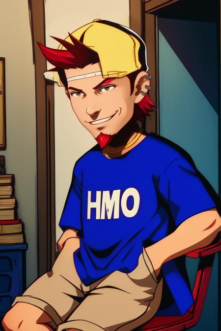 Joe,red goatee, upper body, red hair, solo, hands in pockets, solo, smirk,  brown eyes, 
 loose shirt ,blue t-shirt with letters, backwards  baseball cap,  cargo shorts,  ear piercings, 
sitting, smile,  
movie theater, indoors, 
(insanely detailed, beautiful detailed face, masterpiece, best quality) <lora:Viewtifuljoe-10v5:0.8>