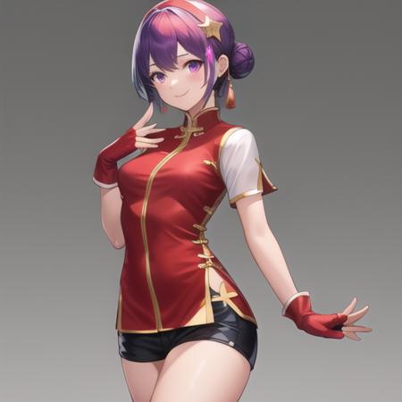 (masterpiece, best quality:1.2),illustration,8k,hd,1girl,solo,upper body,fingerless gloves,short hair,purple hair,purple eyes,smile,hairband,breasts,dress,medium breasts,star hair ornament,chinese clothes,short sleeves,hair ornament,china dress,hair bun,red gloves,red hairband,short shorts,boots,<lora:Asamiya Athena-00:0.6>,