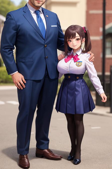 <lora:opll-sizediff3:0.8>  , masterpiece, (age difference, size difference, faceless man standing behind), 1girl, full body, huge breasts, uniform, pantyhose, smile, father and daughter