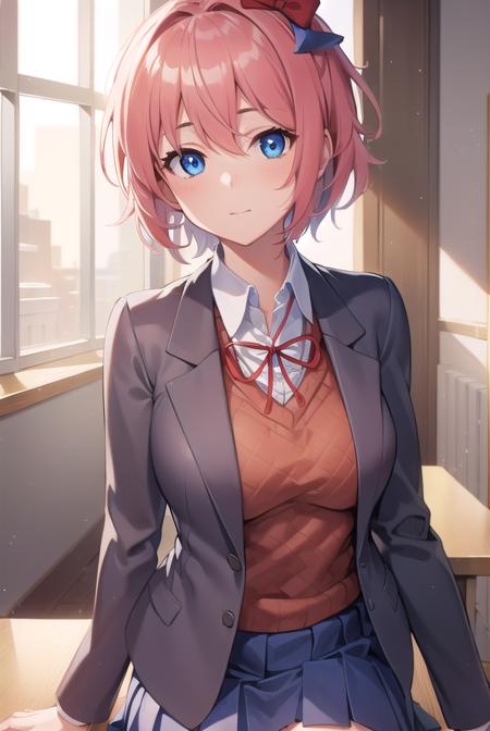 ddlcsayori, <lora:ddlcsayoritest:1>,
ddlcsayori, blue eyes, hair between eyes, hair bow, hair ornament, pink hair, red bow, short hair,
BREAK blue skirt, pleated skirt, school uniform, skirt, brown jacket, jacket,
BREAK looking at viewer,
BREAK indoors, classroom,
BREAK <lora:GoodHands-vanilla:1>, (masterpiece:1.2), best quality, high resolution, unity 8k wallpaper, (illustration:0.8), (beautiful detailed eyes:1.6), extremely detailed face, perfect lighting, extremely detailed CG, (perfect hands, perfect anatomy),