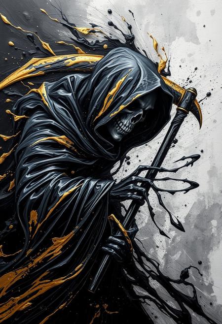 A hyper-stylistic, extremely detailed image depicts a breathtaking painting, crafted from a combination of smeared black and gold metallic paint. The Grim reaper is captured in a streaked motion, as if it is moving rapidly in one direction. The black paint is applied in bold, dynamic strokes, creating a sense of energy and movement that is contrasted beautifully by the golden accents. The gold paint is used to highlight the Grim reaper's features, adding a sense of depth and dimensionality to the image. The overall effect is one of breathtaking, surreal dynamism, as if the viewer has captured a fleeting moment in time. Every detail of the image is meticulously crafted, from the delicate, swirling patterns of the gold paint to the intricate, textured patterns of the black paint. The contrasts between light and dark, color and texture, create a sense of tension and energy that draws the viewer in, inviting them to explore the kinetic world of the painting. highest-Quality, intricate details, visually stunning, Masterpiece