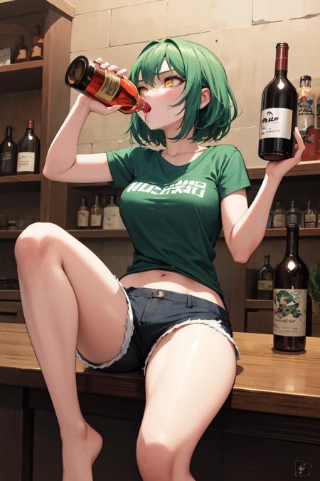 masterpiece, best quality, absurdres, perfect anatomy, 1girl, solo, Chugging, alcohol, green hair, yellow eyes, medium hair, t-shirt, shorts, <lora:Chugging:1>