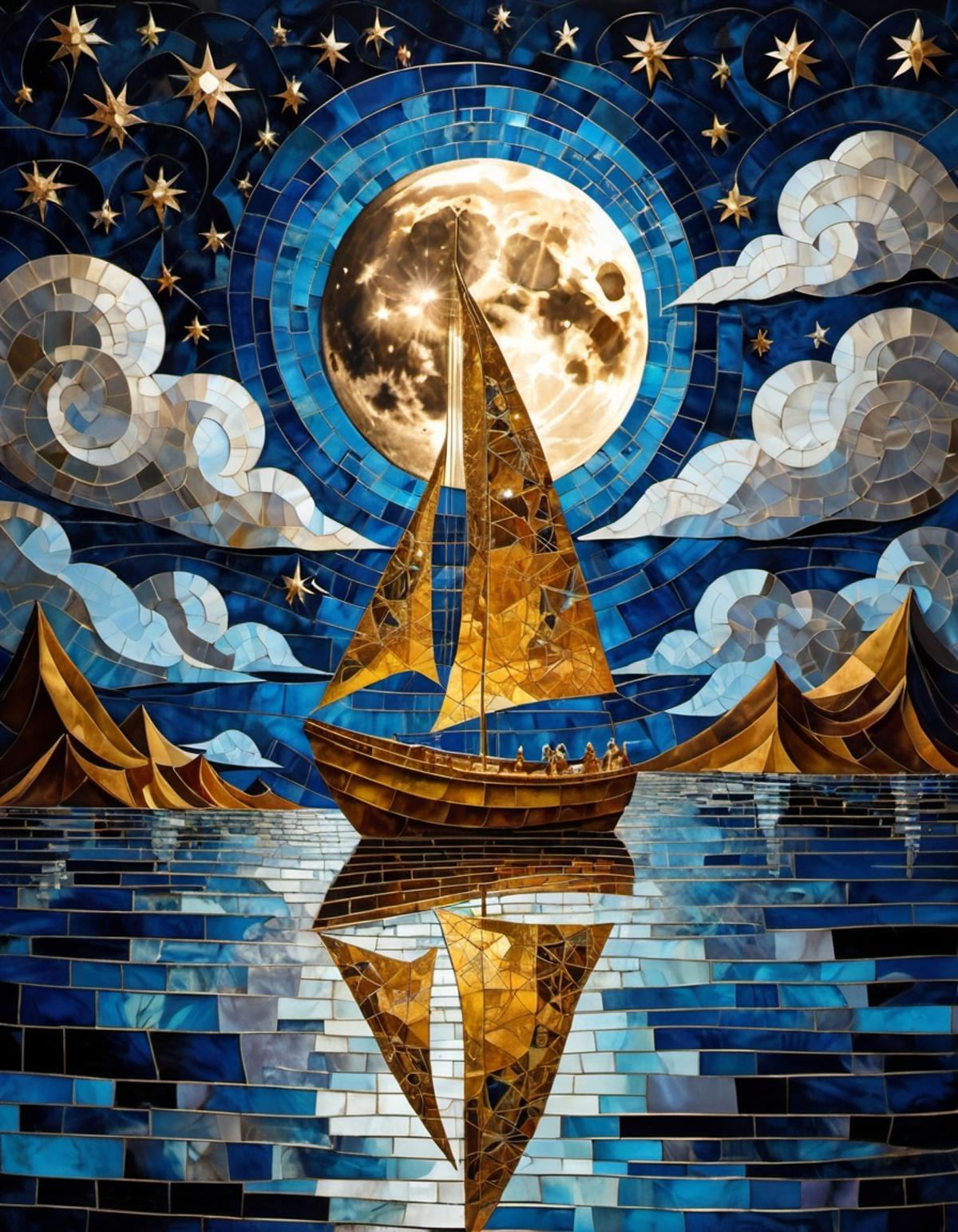 A painting of a boat on the water with a moon in the sky.
