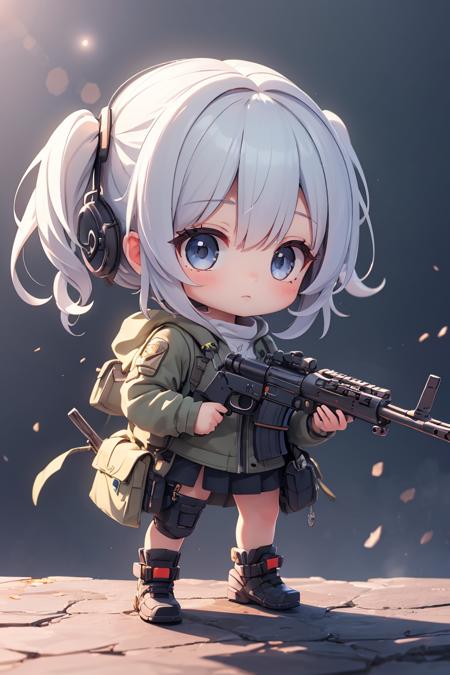 (masterpiece),best quality,high resolution,highly detailed,detailed background,perfect lighting,lens flare,outdoor,1girl,chibi,gun in one hand,<lora:UnlimitedBladeWorks1.6:1>,