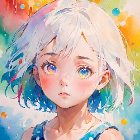 little girl,((small_breasts)),(((detailed anima face))),((beautiful detailed face)),collar,bare shoulders,
white hair,((colorful hair)),((streaked hair)),
beautiful detailed eyes,(Gradient color eyes),(((colorful eyes))),
(((colorful background))),(((high saturation))),(((surrounded by colorful splashes))),(((surrounded by colorful dot))),colorful bubble,((shining)),child,
traditional watercolor painting,<lora:traditional_watercolor_painting:0.7>,