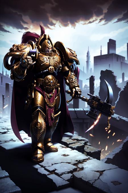 Photo of custodes in a desolate landscape with short hair wearing intricate ornamented metallic armor, with an axe, helmet terminator armor, cape, 
(1man:1.1), (big pipe:1.1), a ruined city looming in the distance. ascended
 <lora:Custodes MK1 by CARAXES:0.8>