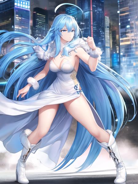 best quality, masterpiece, highres, detailed, perfect anatomy, <lora:Detail - add_detail:0.2>, VivyFEye, blue hair, white dress, fur trim,  expressionless,  blue hair, long hair, 1girl,  <lora:VivyFEye-09:0.7>, dynamic colors, mature female, fighting stance, white boots, city, ahoge,