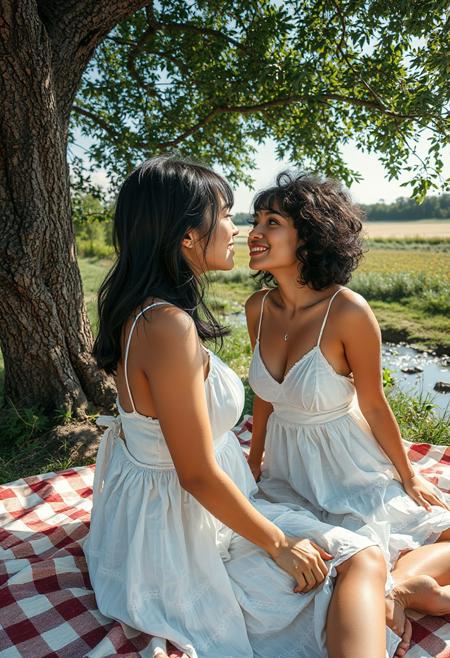 beautiful eyes, hyper detailed background, extreme close-up view, view from front,  2 females, ((2 different females)), beautiful faces, ((natural bodies)), 20 years old, BREAK, female1, Asian,  ((tan skin)),   long white sundress, aroused, eager, about to kiss, BREAK, female2, short black hair, green eyes, curly hair, ((tan skin)), , long white sundress, BREAK, 2 girls on picnic blanket, under a tree, about to kiss, aroused,  1 girl leaning back on tree,  naughty smiles,  blush, outdoor,  picnic, picnic blanket under a shady tree by a field and stream, daylight, highly detailed, photorealistic,. 35mm lens, f/4, natural elements, warm tones, nsfw, very detailed, detailed eyes,  high detailed texture, realistic, photorealistic, perfect eyes, real life realistic, detailed background, dynamic angle,  beautiful, small breasts, green eyes,
