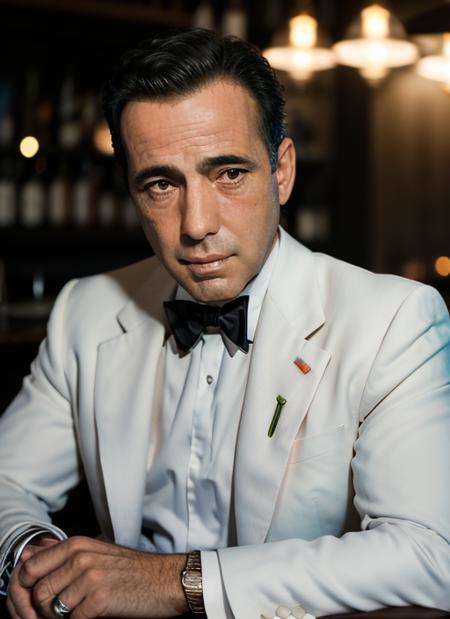 hb1, man in white tuxedo, sitting at bar, nursing a drink, real, photoshoot, realistic, luminescent, atmospheric scene, masterpiece, best quality, (detail skin texture, ultra-detailed body:1.1), RAW photo, (high detailed skin:1.2), 8k uhd, dslr, film grain, Fujifilm XT3, 
 <lora:HumphreyBogart:1>