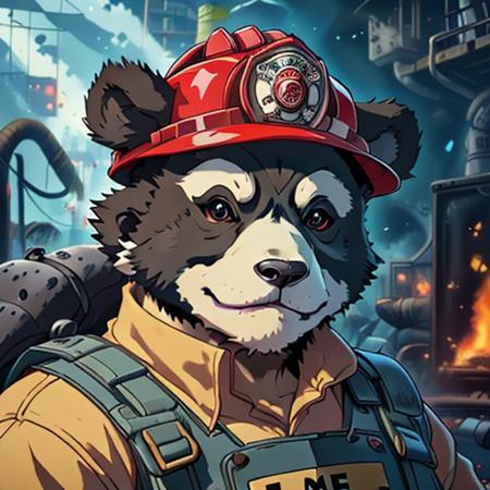 A firefighter panda, extremely detailed, High quality, detailed face, evang