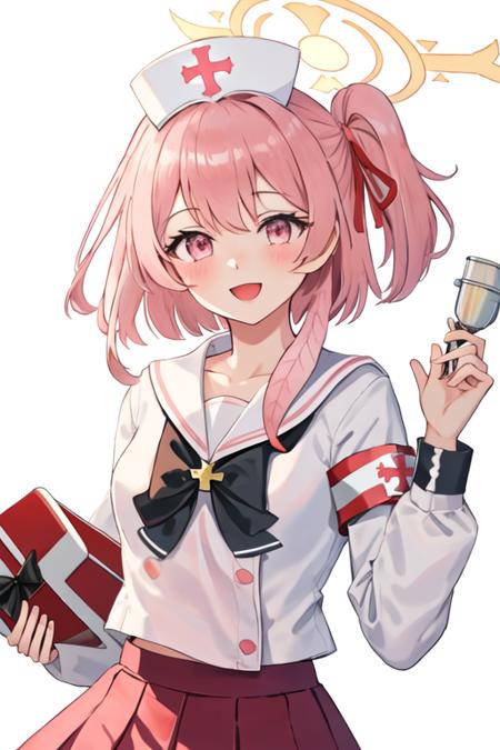 best quality, masterpiece, highres, solo, {serina_bluearchive:1.15}, pink_hair, halo, pink_eyes, hat, blush, smile, ribbon, open_mouth, nurse_cap, bangs, hair_bun, 1girl, looking_at_viewer, sailor_collar, hair_ribbon, red_ribbon, white_sailor_collar, one_side_up, armband, bow, long_sleeves, school_uniform, shirt, simple_background, white_headwear, black_bow, white_background, white_shirt, closed_mouth, holding, puffy_sleeves, :d, skirt, upper_body