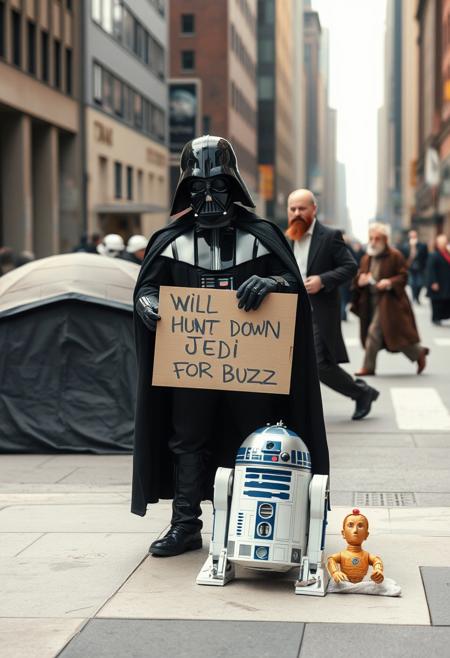 A high quality photo of a homeless Darth Vader standing in the streets of New York carrying a sign infront of him, the sign says ("Will Hunt Down Jedi For Buzz"), next to him on the ground there is a death star shaped tent and two life sized dolls of the two robots R2D2 and C3PO, film grain, exremely realistic, far far in the background old bearded man Obi Wan Kenobi in Jedi Robes could be seen crossing the street while eating a hotdog sandwich in his hand unaware of the presence of Vader whose facing the viewer up close.