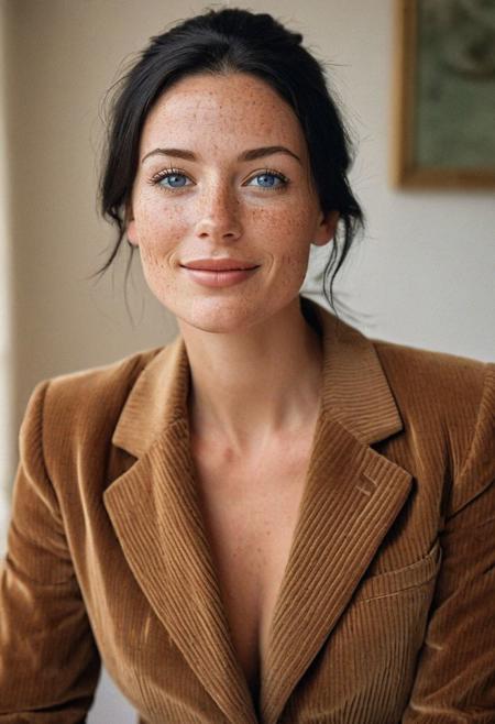 Stunning analogue photo of a beautiful 38 years old Dutch woman, corduroy suit, corduroy pants, perfect face, absolute beauty, sexy pose, natural raven black hair, ponytail, blue eyes, perfect eyes, realistic eyes, freckles, freckles and moles all over body, realistic freckles, absolute perfect tits, big tits, nice and soft natural tits, absolute perfect nipples, looking up, laughing, in her cozy bedroom, vintage style, natural warm and soft light, early morning, stunning result, highly detailed skin, highly detailed eyes, highly realistic