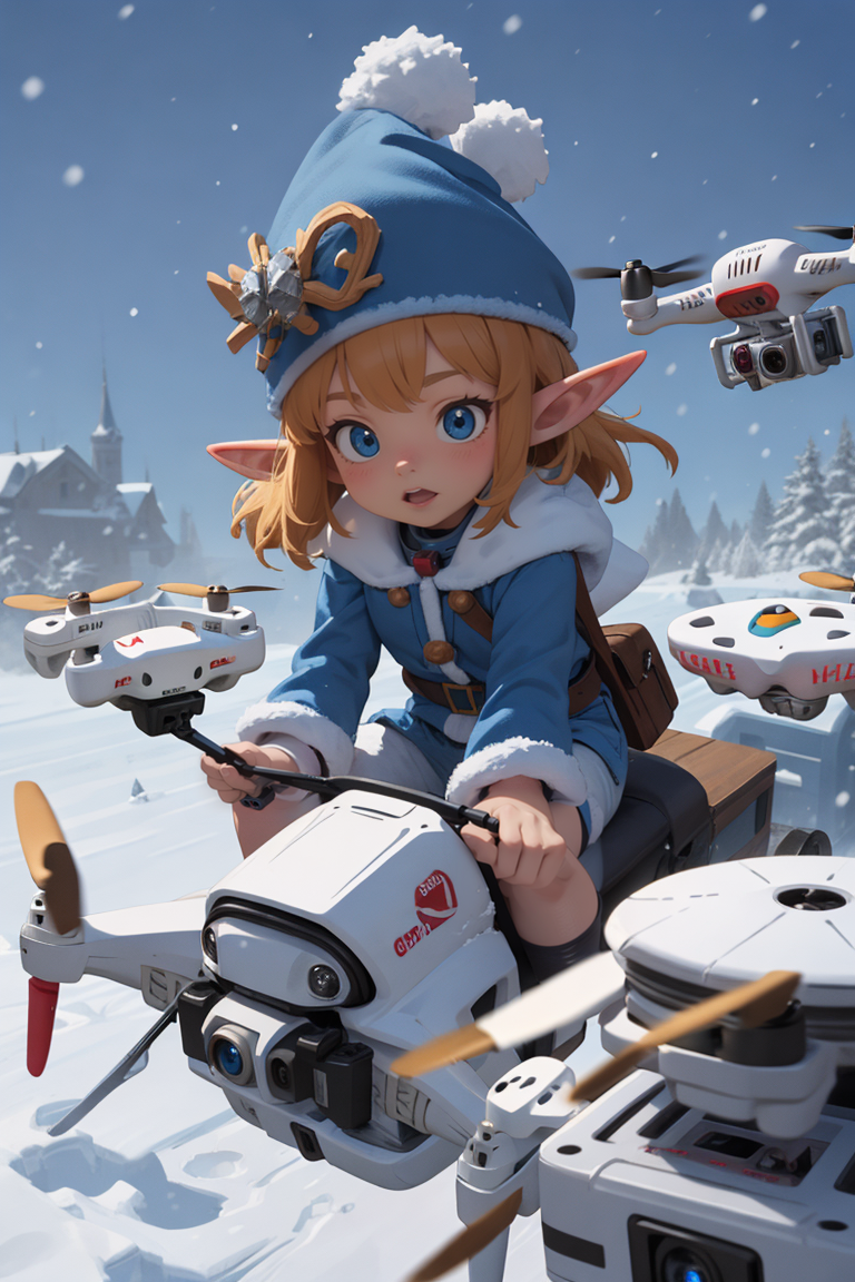(masterpiece, best quality, ultra detailed), anime, 1elf, dwarf, flying drone, (riding drone:1.2), blue clothes, snow, blu...