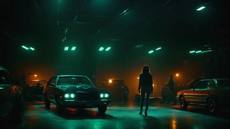 A cinematic film scene with Fluorescent light of a person walking in a dark room with a car, Hollywood movie themed, sharp, detailed, epic cinematic photography image, artistic style, creative image, dramatic chiaroscuro light style, cinematic chiaroscuro color style, Fluorescent skin tone film style, Kodak, 35 mm film lens style, detailed background style, widescreen, cinematography technique style, Fluorescent lighting style, 1girl, solo, standing, weapon, indoors, ground vehicle, scenery, motor vehicle, car, light, dark, wide shot, night
, shallow depth of field, vignette, highly detailed, high budget, bokeh, cinemascope, moody, epic, gorgeous, film grain, grainy <lora:add-detail-xl:1.5>