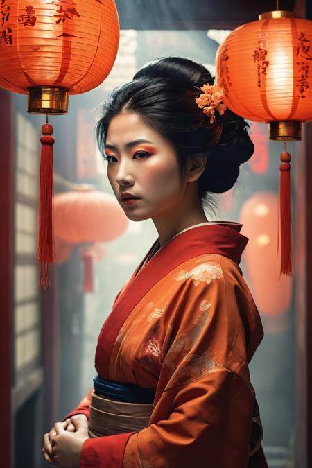 Geisha in a chaotic,  naturally-lit environment devoid of spiritual symbols and scientific elements,  obscured in shades of firing orange and red
