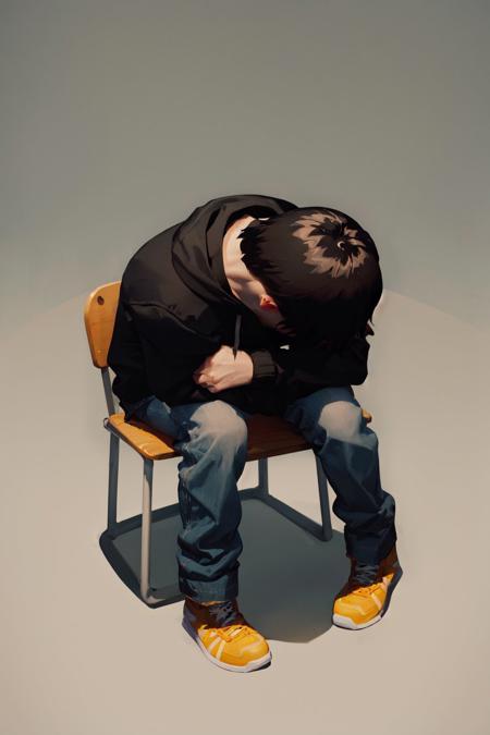 (masterpiece, best quality:1.2), <lora:concept_shinjichair-10:1>, solo, male focus, 1boy, shinjichair, sitting, head down, short black hair, hooded jacket, jeans, sneakers