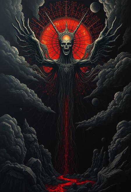 (art by Eduard Wilhelm Pose and Master of the Holy Blood and Ivan Bilibin:1.1), (sheltered atmosphere, aesthetic of hard - edge painting:0.1), symmetry and balance, pure black, detailed, FastNegativeV2, ral-dissolve,Completely (James Ensor,Unica Zurn,Zdzislaw Beksinki:1.25), Paranormal, Apparition, intricate, oil on canvas, (surrealism:1.1), detailed, FastNegativeV2, amazing quality, masterpiece, best quality, hyper detailed, ultra detailed, UHD, perfect anatomy, (Award winning, masterpiece), clouds, apocalypse, armageddon, flying spaghetti monster
